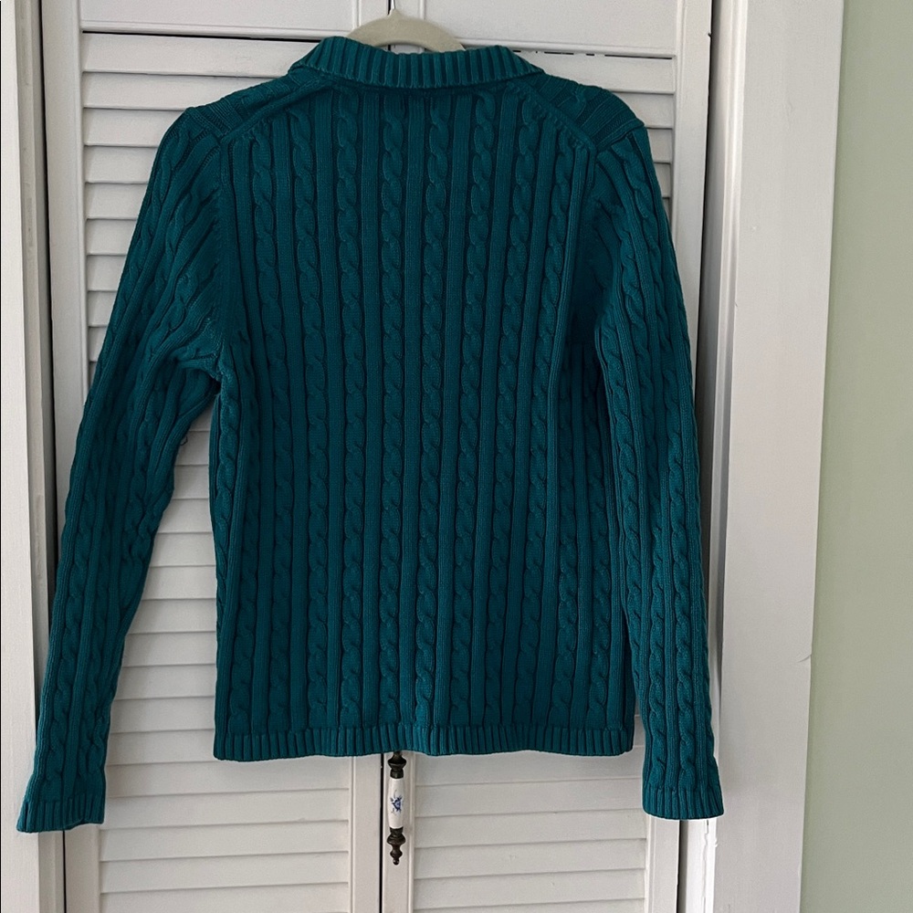 LL Bean Cotton Cable knit Zip Up Cardigan Sz Large Teal Sweater - Picture 5 of 5